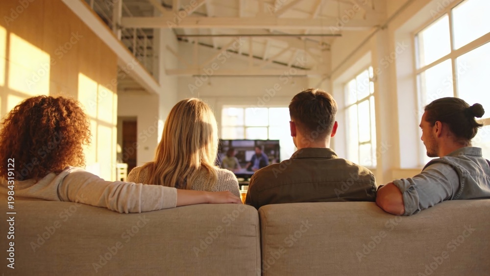 Obraz premium Group of four young adults sitting on large gray sofa watching televis.