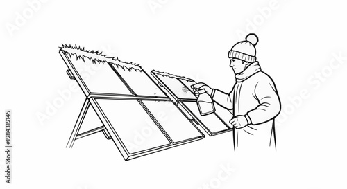 Person in winter clothes sprays a panel covered with spiky growth