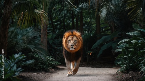 A regal lion strides confidently toward the viewer on a path surrounded by lush, tropical foliage