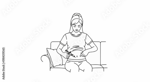 Person injecting medicine into their abdomen while seated on a sofa