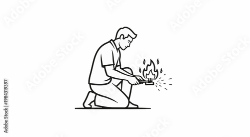 Person kneeling, igniting something with a tool, creating flames and sparks