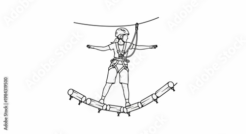 Person on suspended log bridge with safety harness and helmet