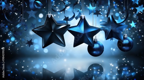 Festive scene of shiny blue star ornaments, shimmering orbs & ribbons hanging. Reflective