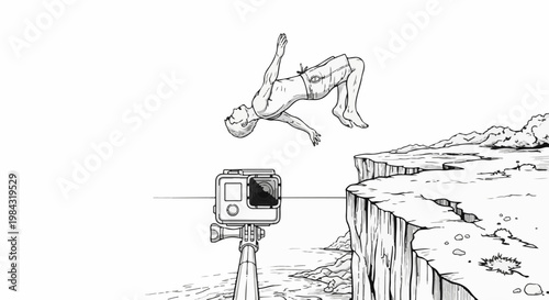 Person performing a flip from a cliff into water, filmed by action camera