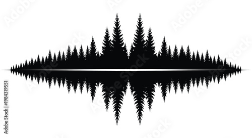 A striking black landscape depicts a dense forest of coniferous trees reflected in calm water creating a symmetrical artistic silhouette high quality professional detailed
