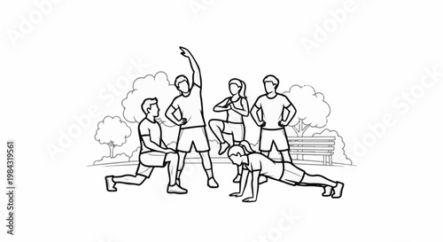 People exercising together in a park with trees and a bench