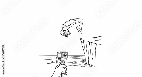 Person performing acrobatic flip mid-air over water, captured by camera