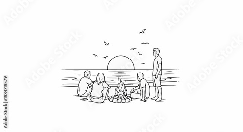 People gathered around a campfire at sunset on a beach with birds flying overhead