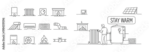 Home heating system icons and illustration with a person adjusting a radiator
