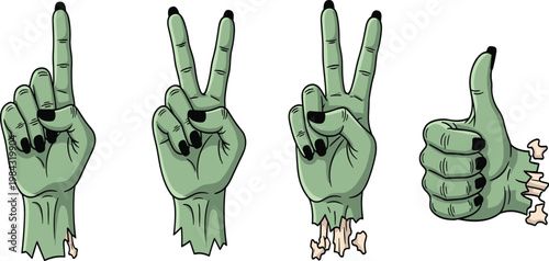 Creepy Zombie Hand Gestures with Finger Signs and Thumbs Up Symbol, Horror Undead Vector Illustration Set for Halloween and Spooky Design.