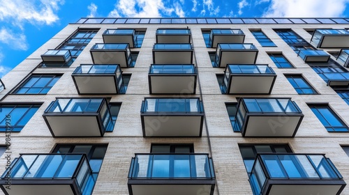 Upward angle view of a modern beige brick building with glass balconies against a blue sky