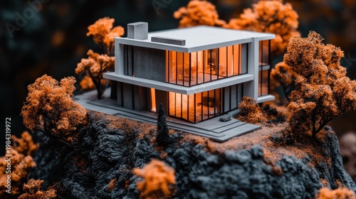 Miniature modern home model on a rocky landscape, lit from within, surrounded by fall foliage