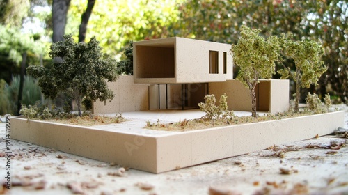 A modernist cardboard architectural model with trees sits outdoors, detailed with cutouts & textures