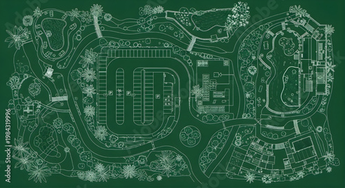 Parking and Entrance Planning Blueprint Icon Set – Parking Slots Drop Off Driveway Loop Security Gate Multi View AutoCAD Resort Landscape Technical Drawing White Outline on Dark Green