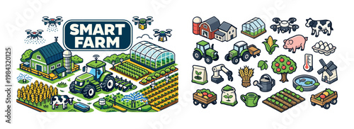Modern smart farm technology with drones, tractors, and automated systems