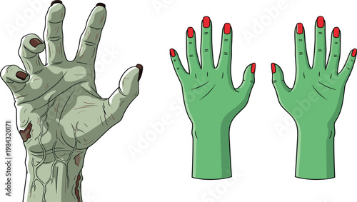Creepy Zombie Hands and Green Monster Hand Set with Open Palm Gestures, Horror Undead Vector Illustration for Halloween and Spooky Graphic Design.