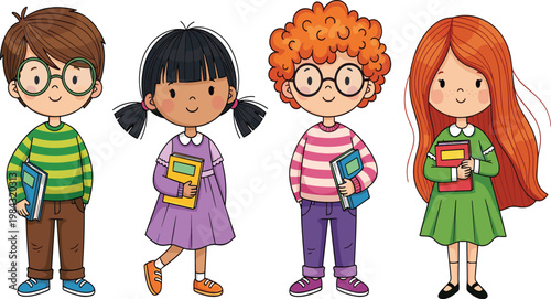Cute School Children Holding Books and Wearing Casual Outfits, Adorable Kids Characters Vector Illustration for Education, Learning and Back to School Concept.