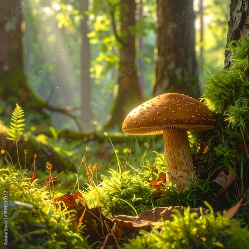 A serene forest scene with a mushroom in the foreground