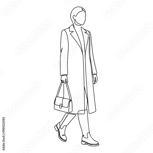 An elegant woman walking with a stylish bag, simple minimalist line art. The woman is dressed in a long coat, and boots
