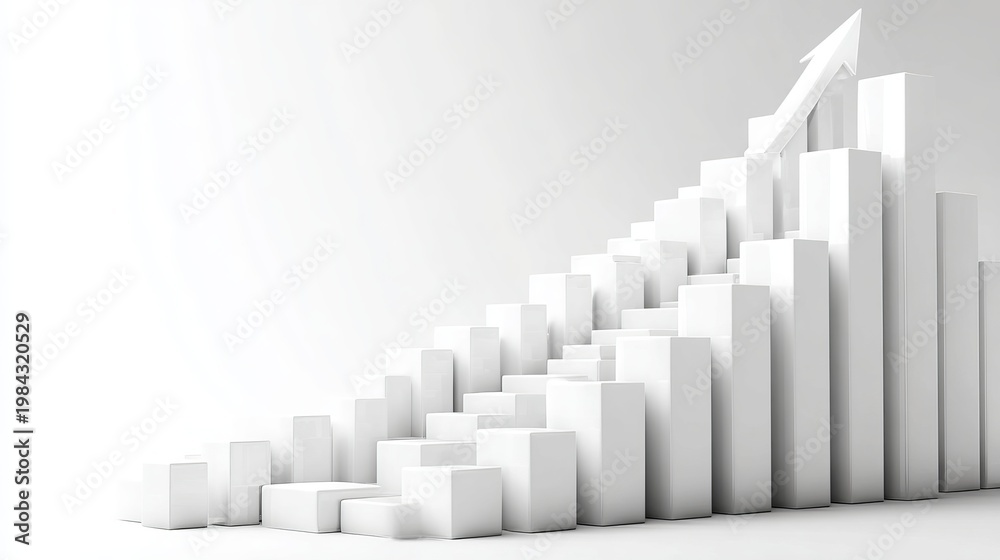 Fototapeta premium A 3D bar graph with white blocks and an upward trend on a plain background