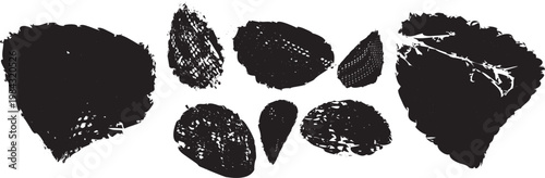 Distorted irregular shapes collection . Oval shapes design . Textured blobs . Trendy grainy shapes set . Graph print texture .Stamp effect .Grunge texture . Distressed element .vector 