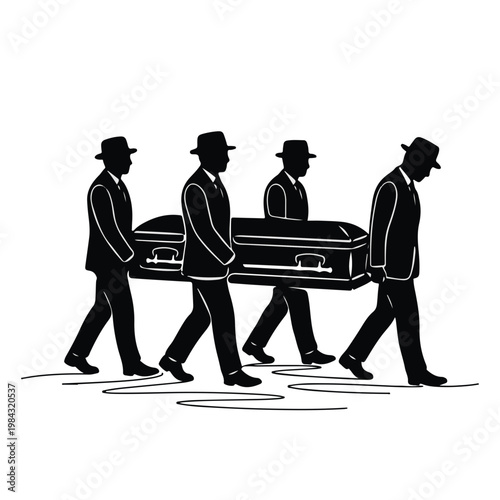 Four individuals carrying a coffin in a procession, representing loss and grief