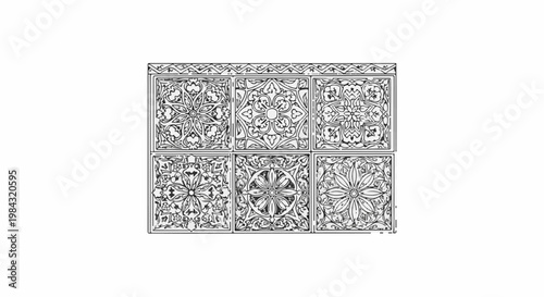 Ornate floral tile patterns arranged in a 2x3 grid with a decorative border