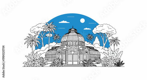 Ornate glass conservatory with tropical foliage under a bright blue sky