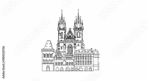 Ornate gothic architecture with twin spires and surrounding buildings in linework