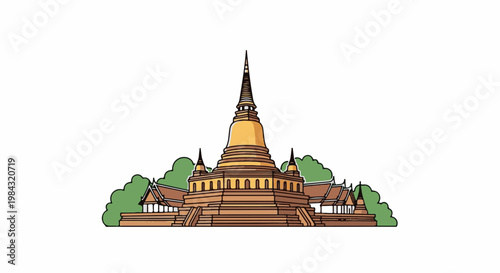 Ornate golden stupa and tiered roof structures amidst lush green foliage