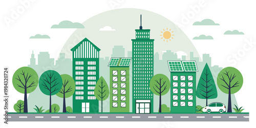 Sustainable urban skyline with solar panels
