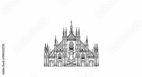 Ornate Gothic cathedral facade with spires, arches, and intricate details in outline