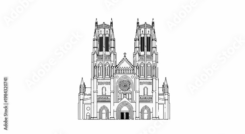 Ornate Gothic cathedral facade with twin spires and rose window