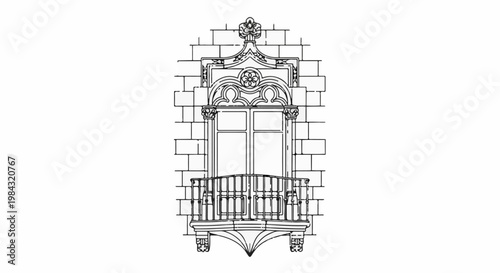 Ornate Gothic window with a balcony, set within a stone wall