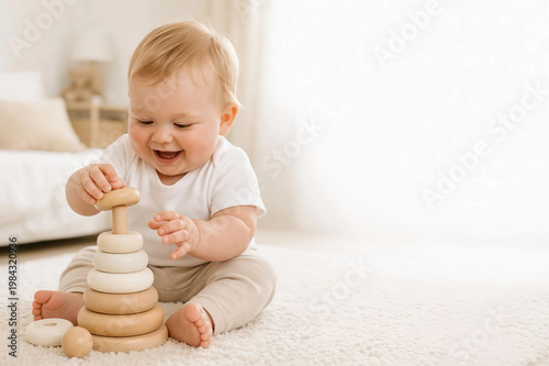 Cute baby playing with wooden toy at home developing motor skills and learning