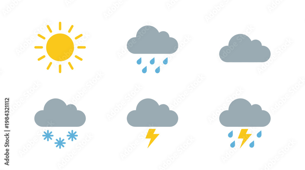 Obraz premium Collection of Weather Icons Featuring Sun, Rain, Snow, and Thunderstorms for Weather Forecasts and Applications