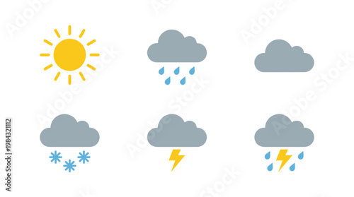 Collection of Weather Icons Featuring Sun, Rain, Snow, and Thunderstorms for Weather Forecasts and Applications