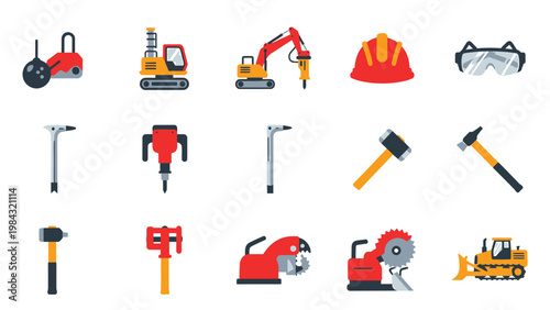 Heavy construction machinery and work tools flat vector icon set for demolition and building projects.
