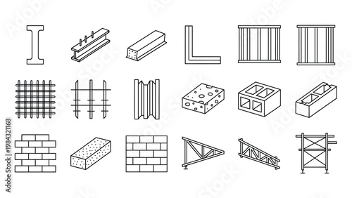 Structural engineering and building materials thin line icon set for architecture and civil works.