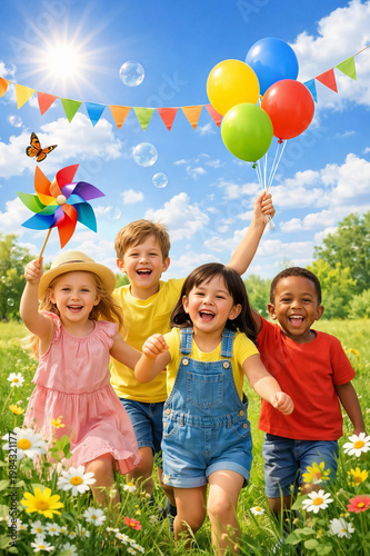 Kids playing with balloons and pinwheel in sunny park