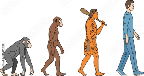 Human Evolution Progression from Ape to Modern Man with Primitive Caveman Holding Club, Historical Development Timeline Vector Illustration for Anthropology and Education Concept.