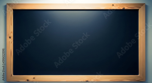 An empty wooden-framed blackboard mounted on a light blue wall illustration