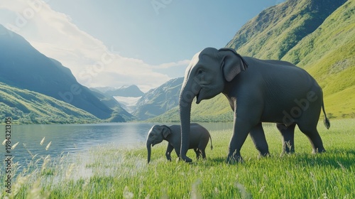 Two elephants, adult and calf, walk along a lake edge with mountains in the background