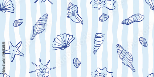 Blue hand drawn seashell line art pattern on striped background