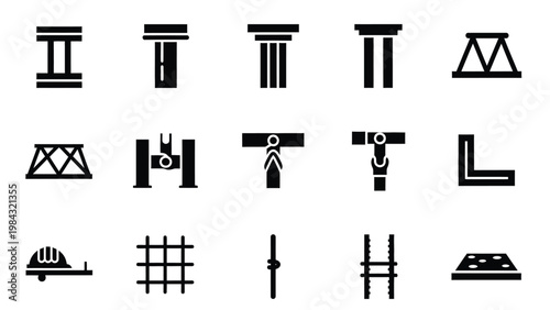 Construction silhouette icons and structural support symbols for industrial design and engineering.