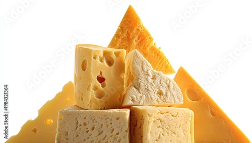Stack of various cheese wedges and blocks, some with holes, on white