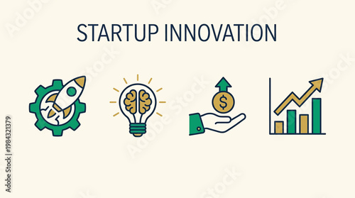 Startup Innovation Icons Rocket, Brainstorming Lightbulb, Investment Hand, and Growth Chart