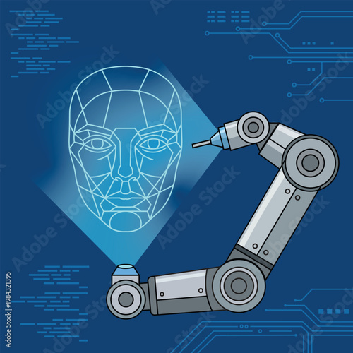AI Face Projection with Robotic Arm Technology, Futuristic Artificial Intelligence Visualization Concept