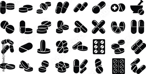 Collection of pill and capsule icons for medicine and health with health care pain relief medicine