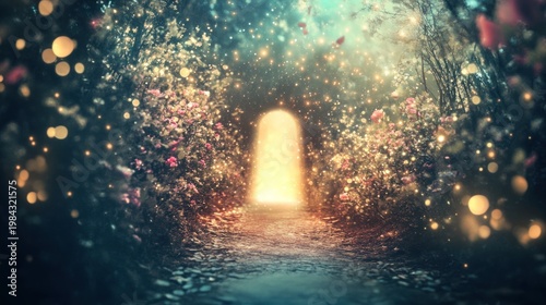 Tunnel of vibrant blooms frames a glowing portal, suggesting mystery and beckoning towards light